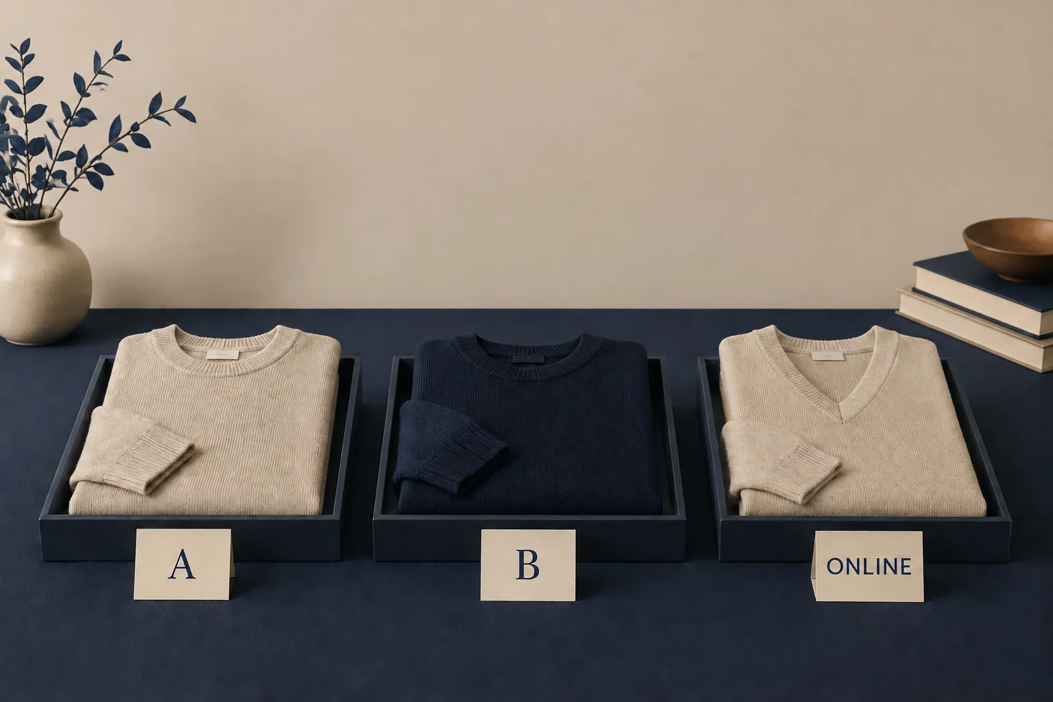 Three trays marked A, B and ONLINE contain folded oatmeal and navy sweaters.