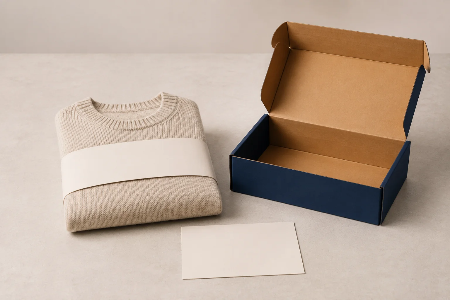 Folded sweater with a plain paper band beside an open carton.