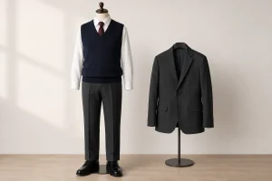 Navy vest over a white shirt and burgundy tie beside a charcoal blazer.