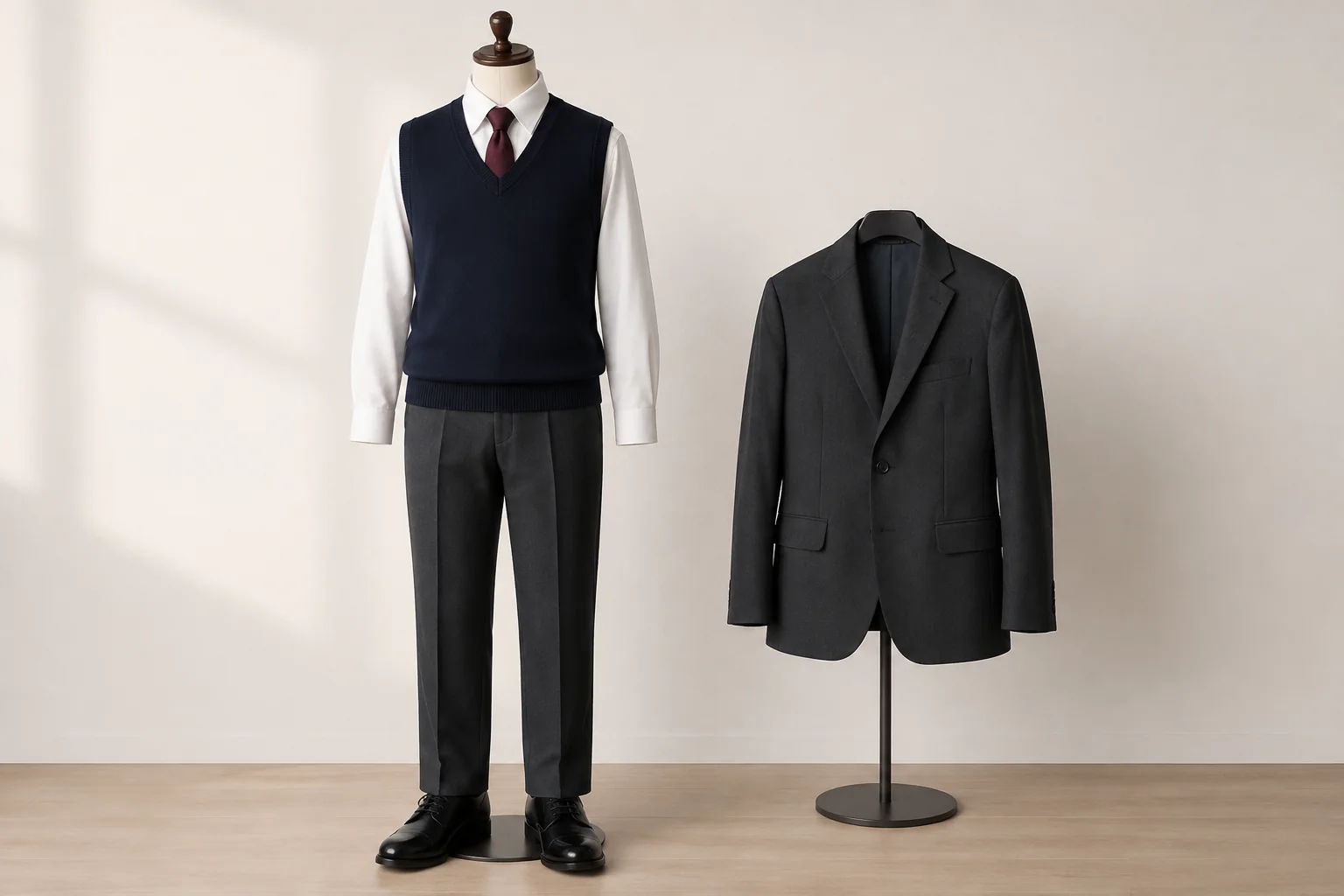 Navy vest over a white shirt and burgundy tie beside a charcoal blazer.