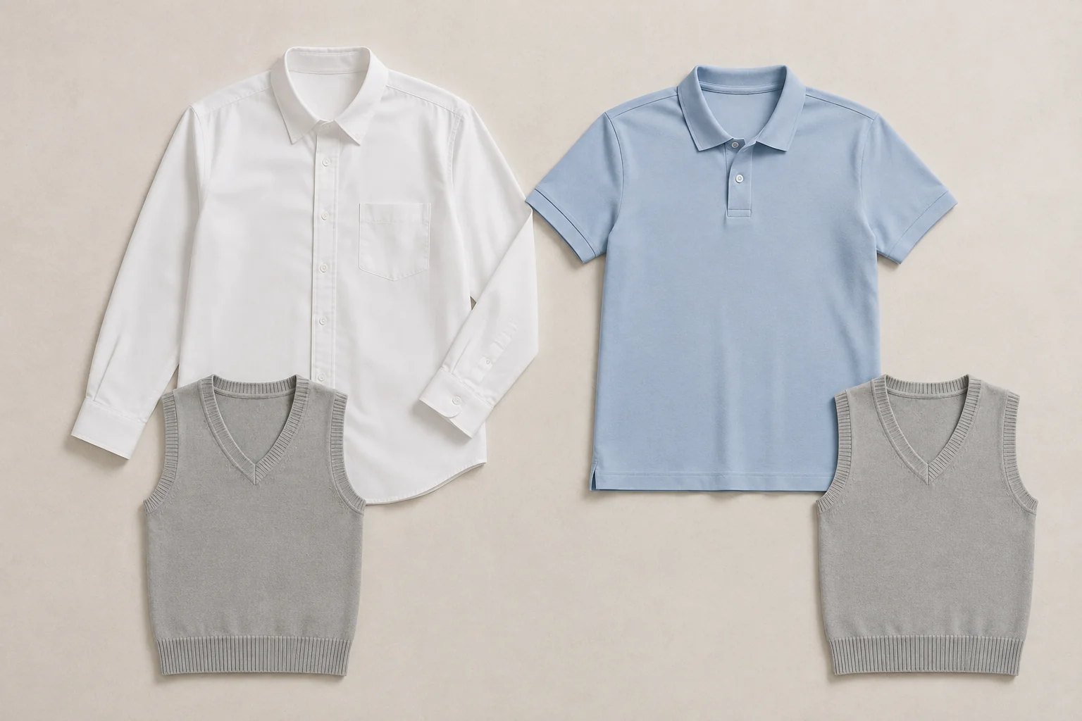 White collared shirt and pale blue polo laid beside small gray V-neck vest concepts.