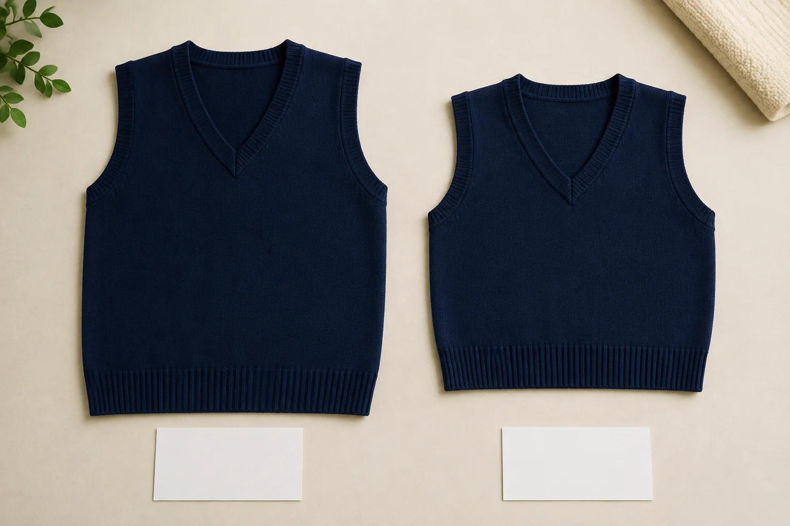 Two navy sweater vest concepts in different proportions beside blank cards.