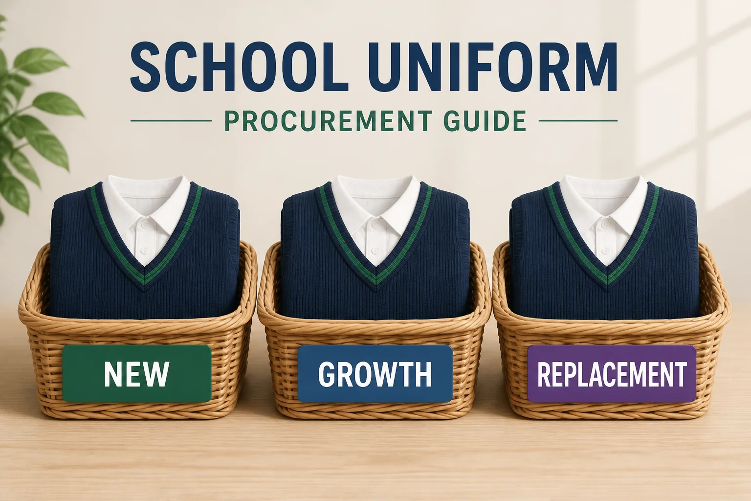 Three baskets of folded uniform vests labeled NEW, GROWTH and REPLACEMENT.