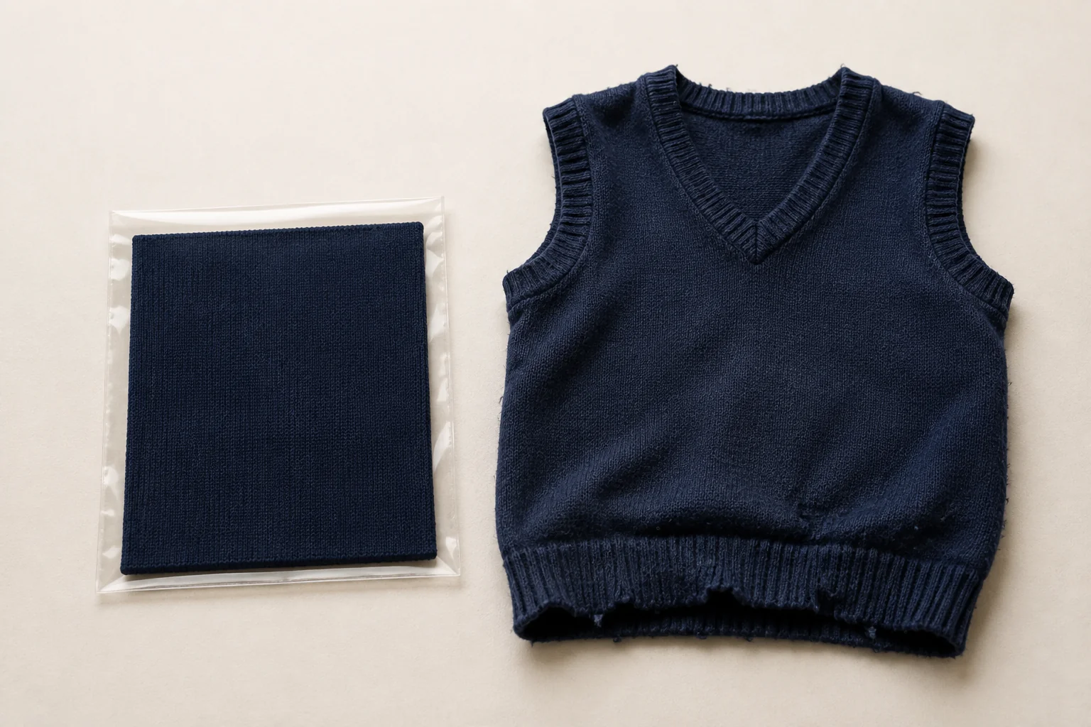Protected knitted swatch beside a worn navy vest concept.