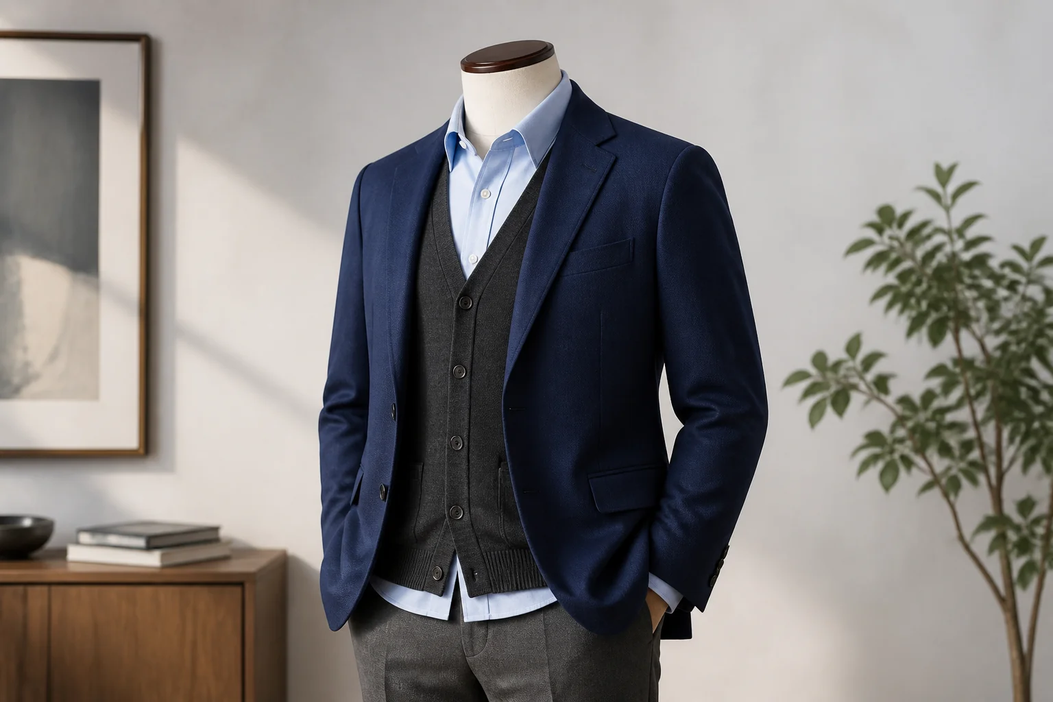 A conceptual shirt, charcoal cardigan and open navy blazer on a dress form.