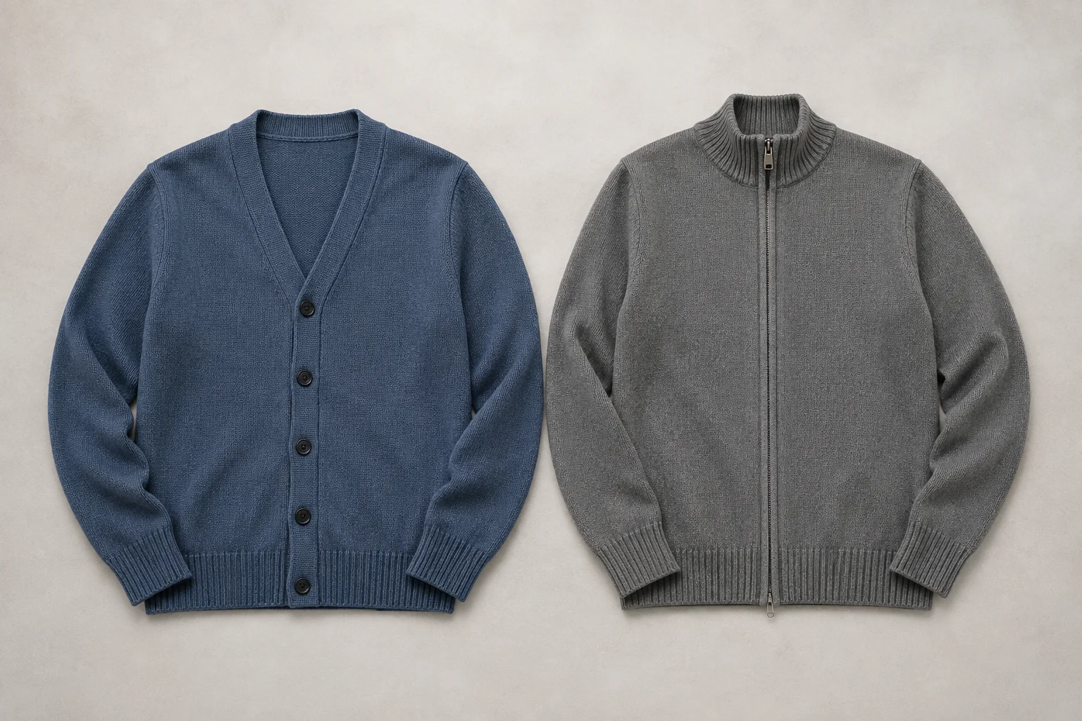 Two conceptual cardigans with a V-neck button opening and a higher zip opening.
