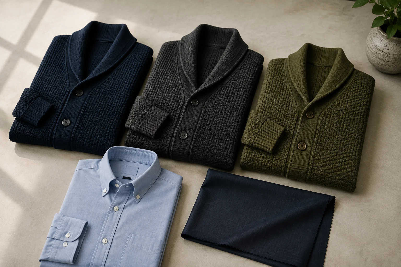 Folded conceptual cardigans beside a pale blue shirt and a dark fabric swatch.