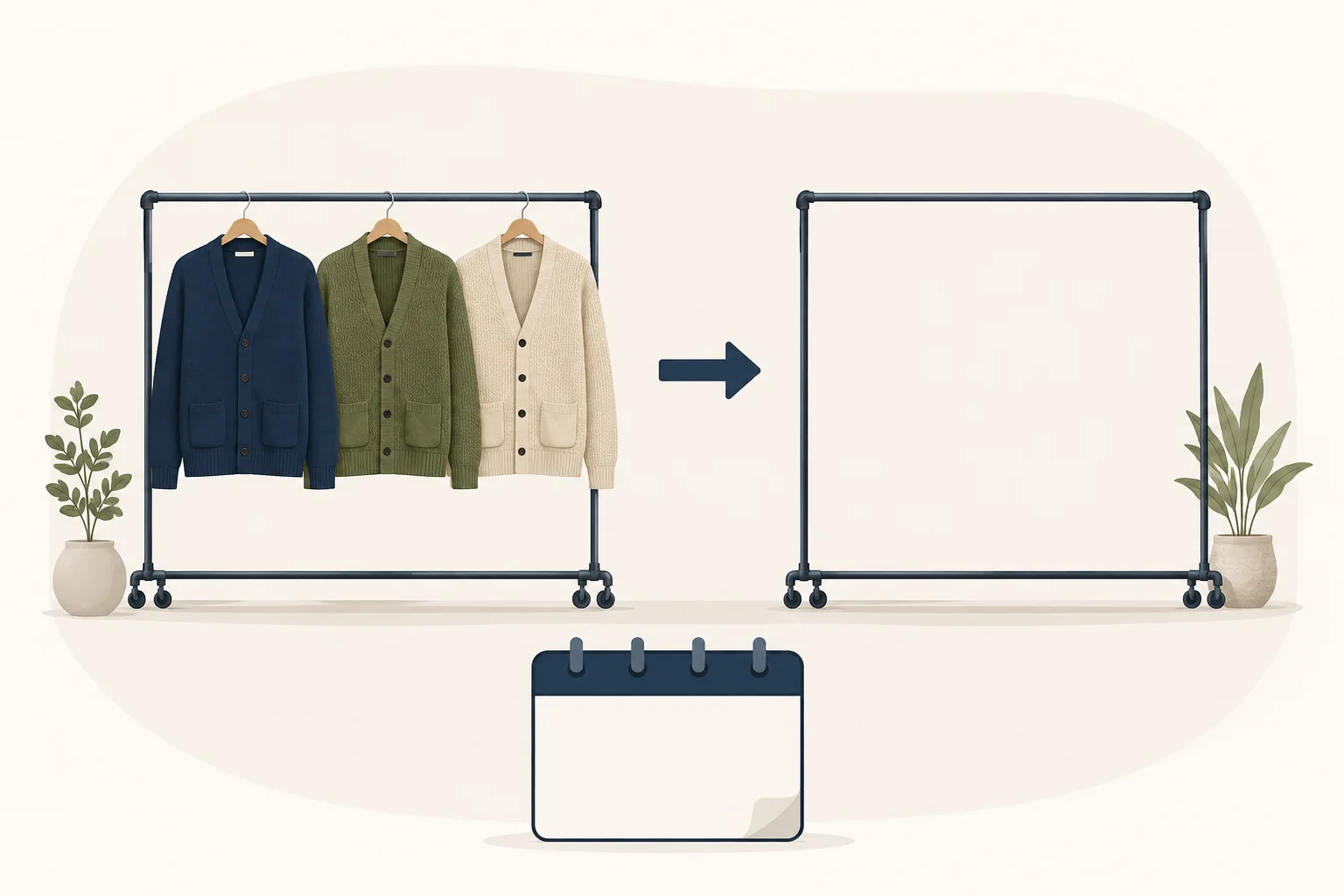An illustrated occupied garment rail and an empty rail beside a blank calendar symbol.