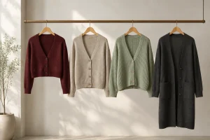 Four conceptual cardigans with different body lengths and fit volumes.