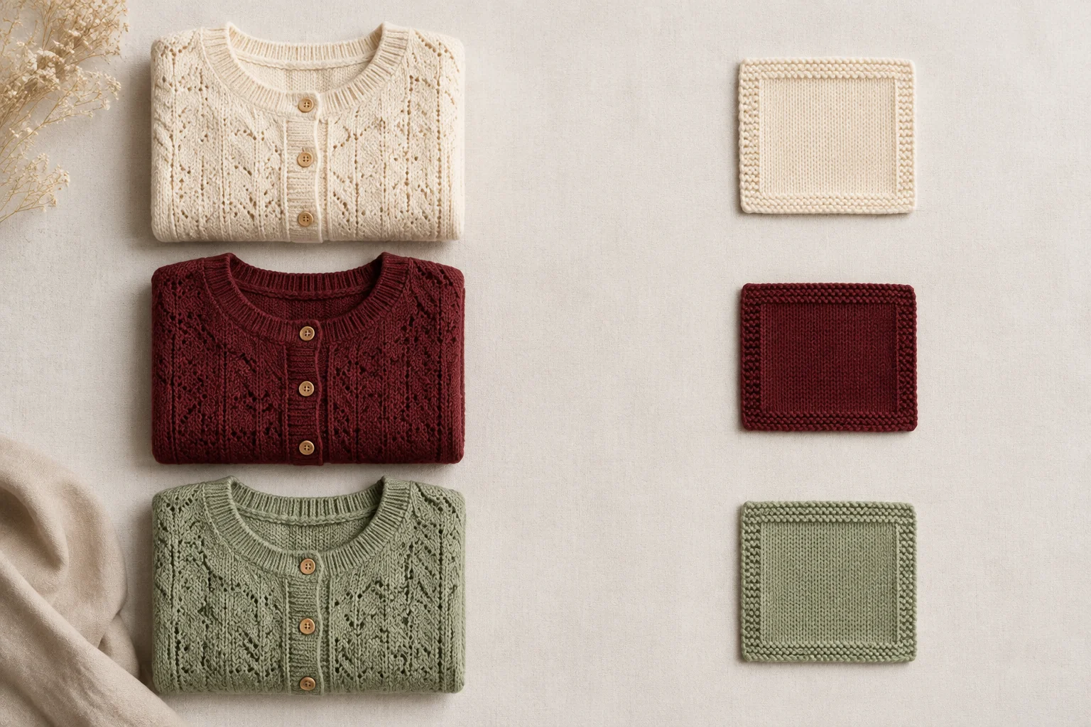 Three folded conceptual cardigans beside matching knitted color swatches.