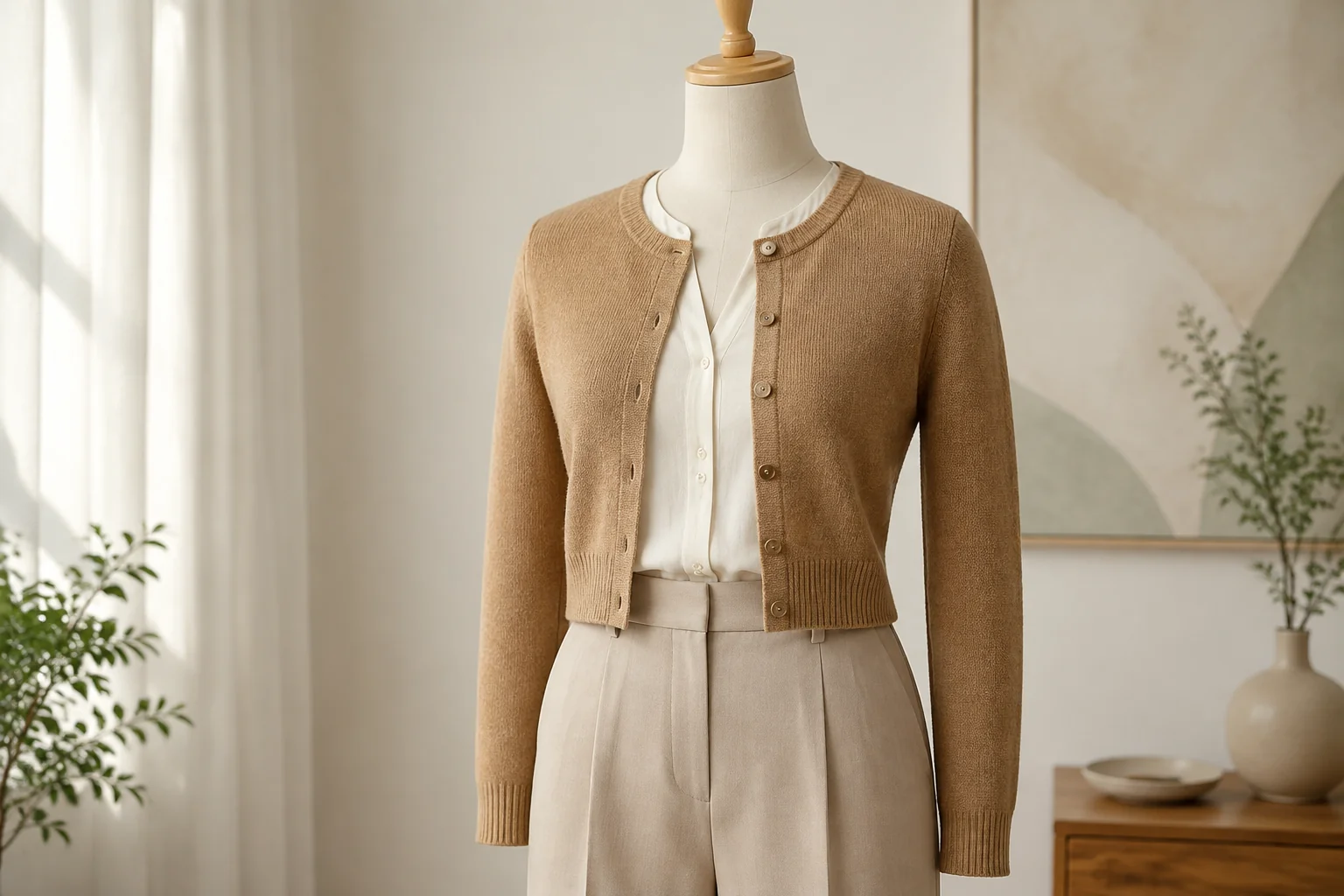A cropped cardigan over a light blouse and high-waisted trousers on a dress form.