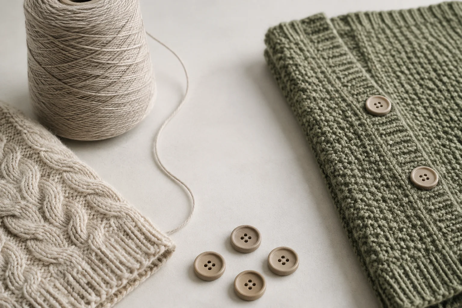 A yarn cone, two knitted swatches and plain buttons on a tabletop.