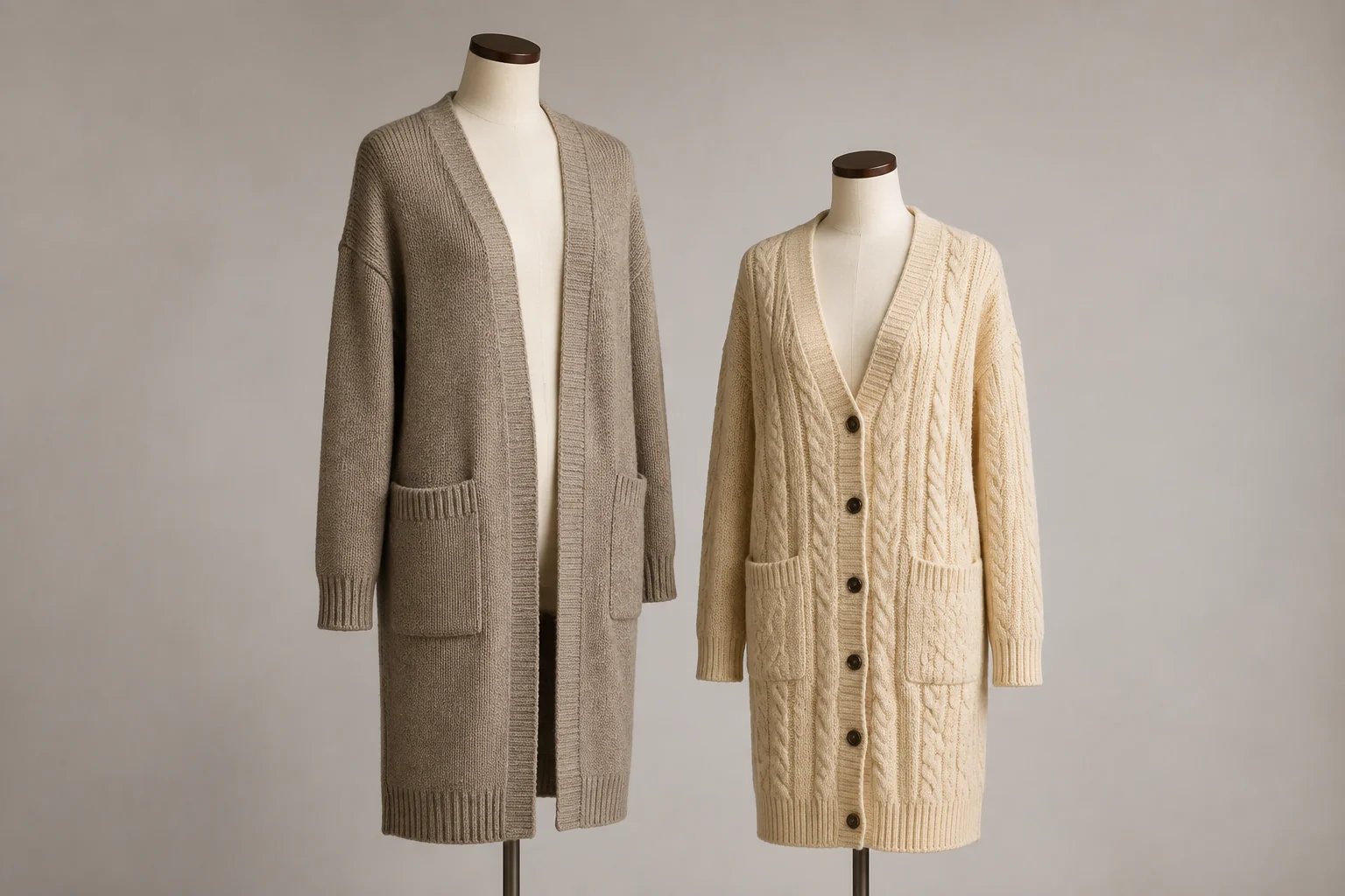 Two conceptual longline cardigans displayed on dress forms of different heights.