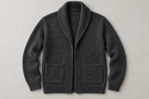 Charcoal shawl-collar cardigan laid flat with front bands and patch pockets