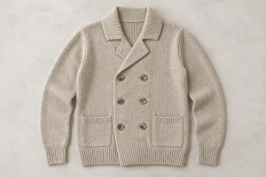 Oatmeal knitted cardigan with two button columns and overlapping fronts