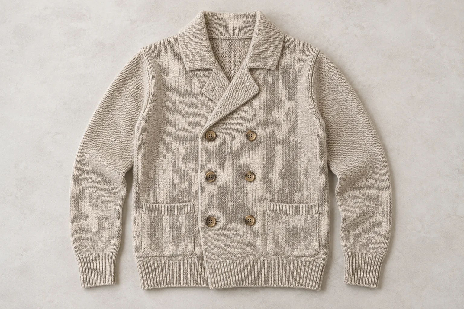 Oatmeal knitted cardigan with two button columns and overlapping fronts