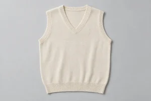 Cream knitted sweater vest laid flat with V neckline, armhole ribs and hem rib