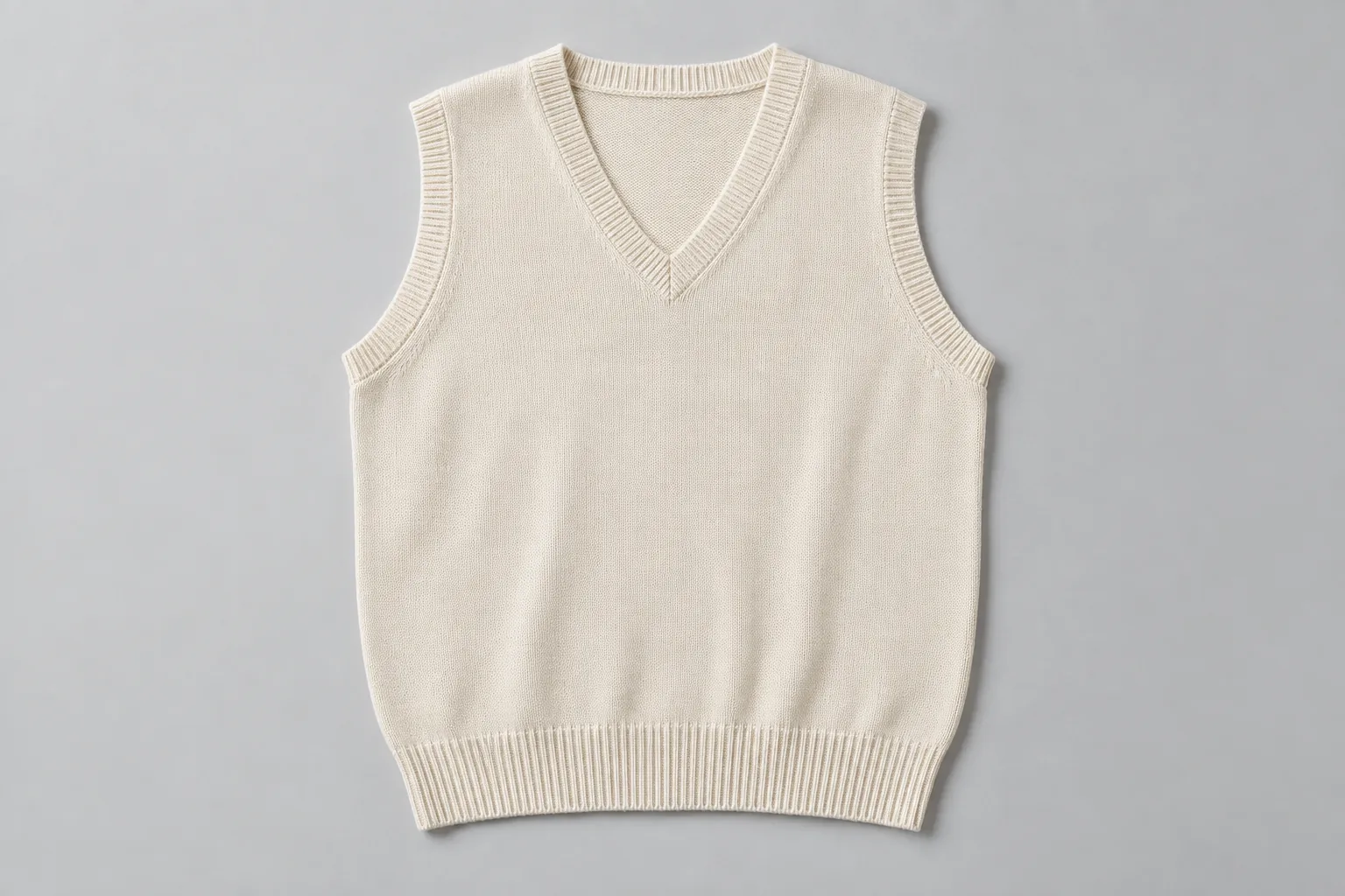 Cream knitted sweater vest laid flat with V neckline, armhole ribs and hem rib