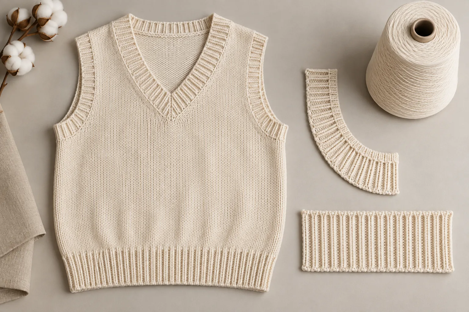 Cream knitted vest beside separate rib bands and a yarn cone
