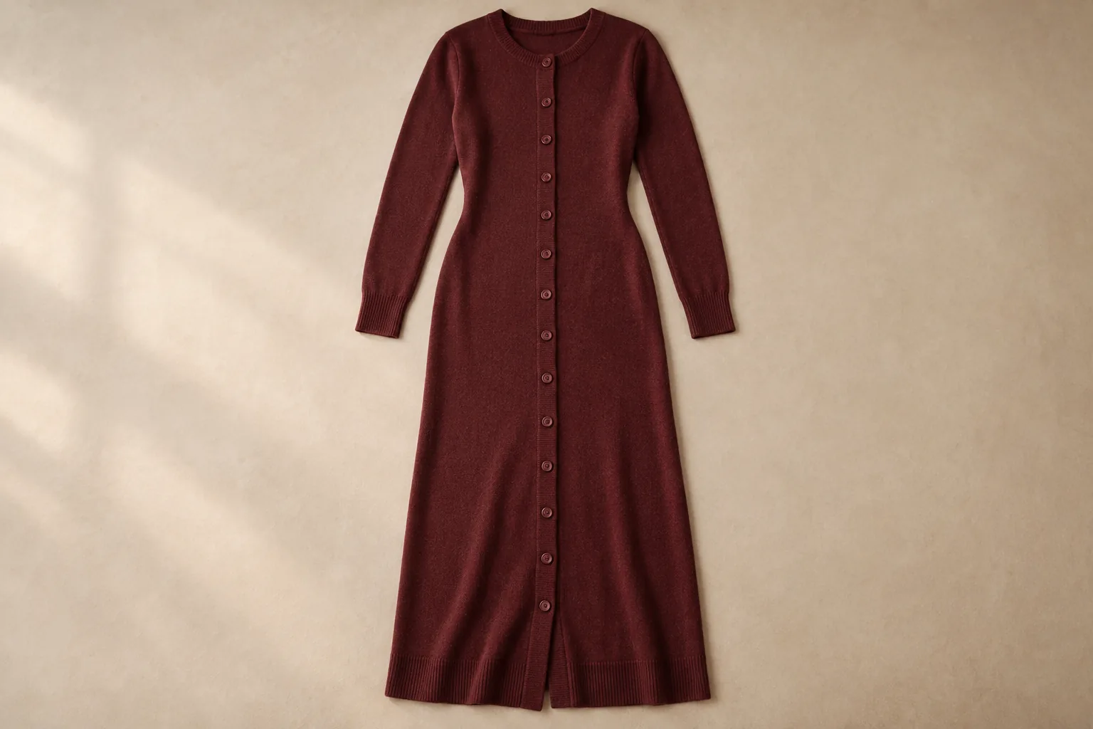 Burgundy long-sleeved knitted dress laid flat with a full-length button placket