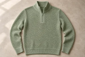 Sage open-knit quarter-zip sweater with a solid placket, collar and cuffs
