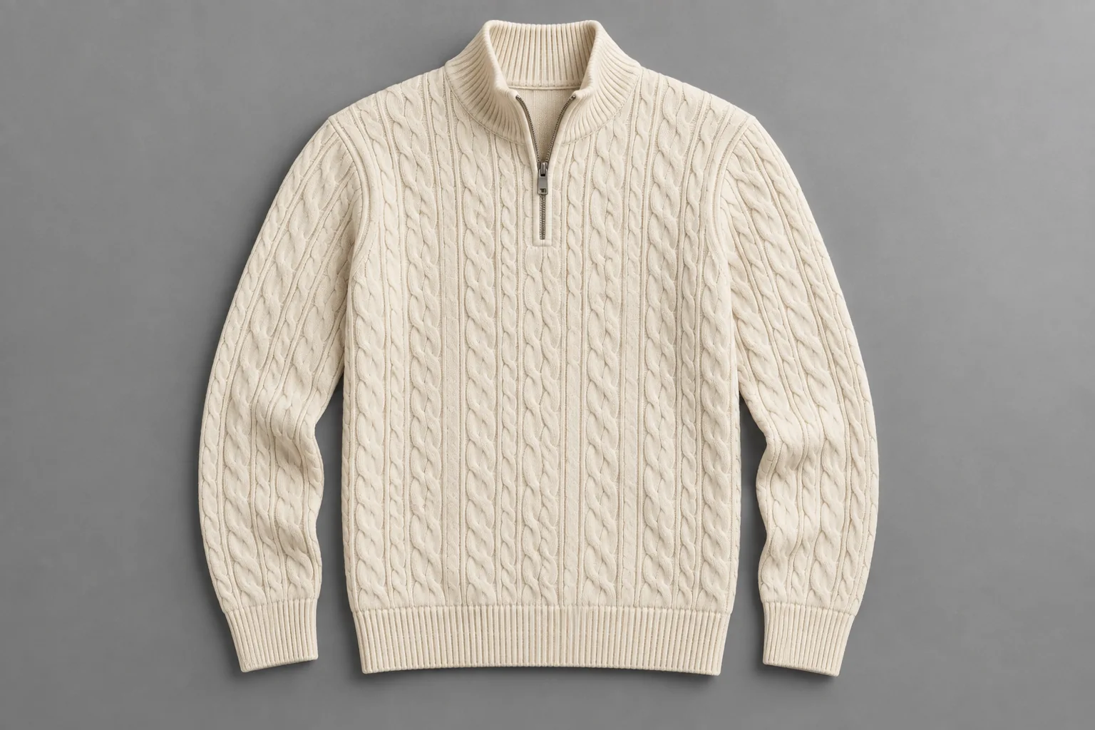 Cream cable-knit quarter-zip sweater laid flat with a short straight zipper