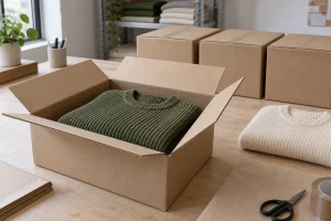 Folded olive ribbed sweater in an open carton beside a cream sweater and sealed boxes