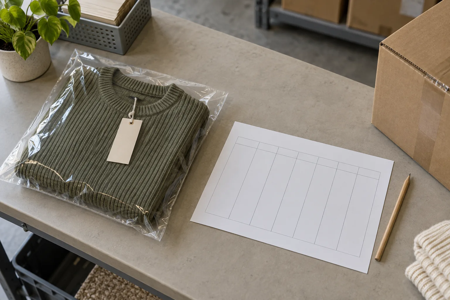 Blank planning grid and pencil beside a packaged olive sweater and a sealed carton