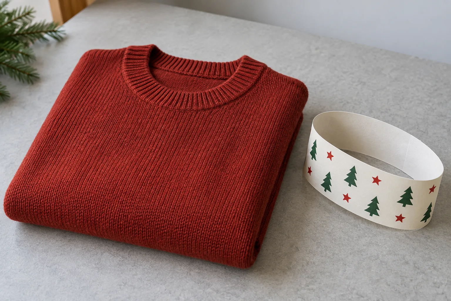 Folded plain red sweater beside a separate paper band with green trees and red stars