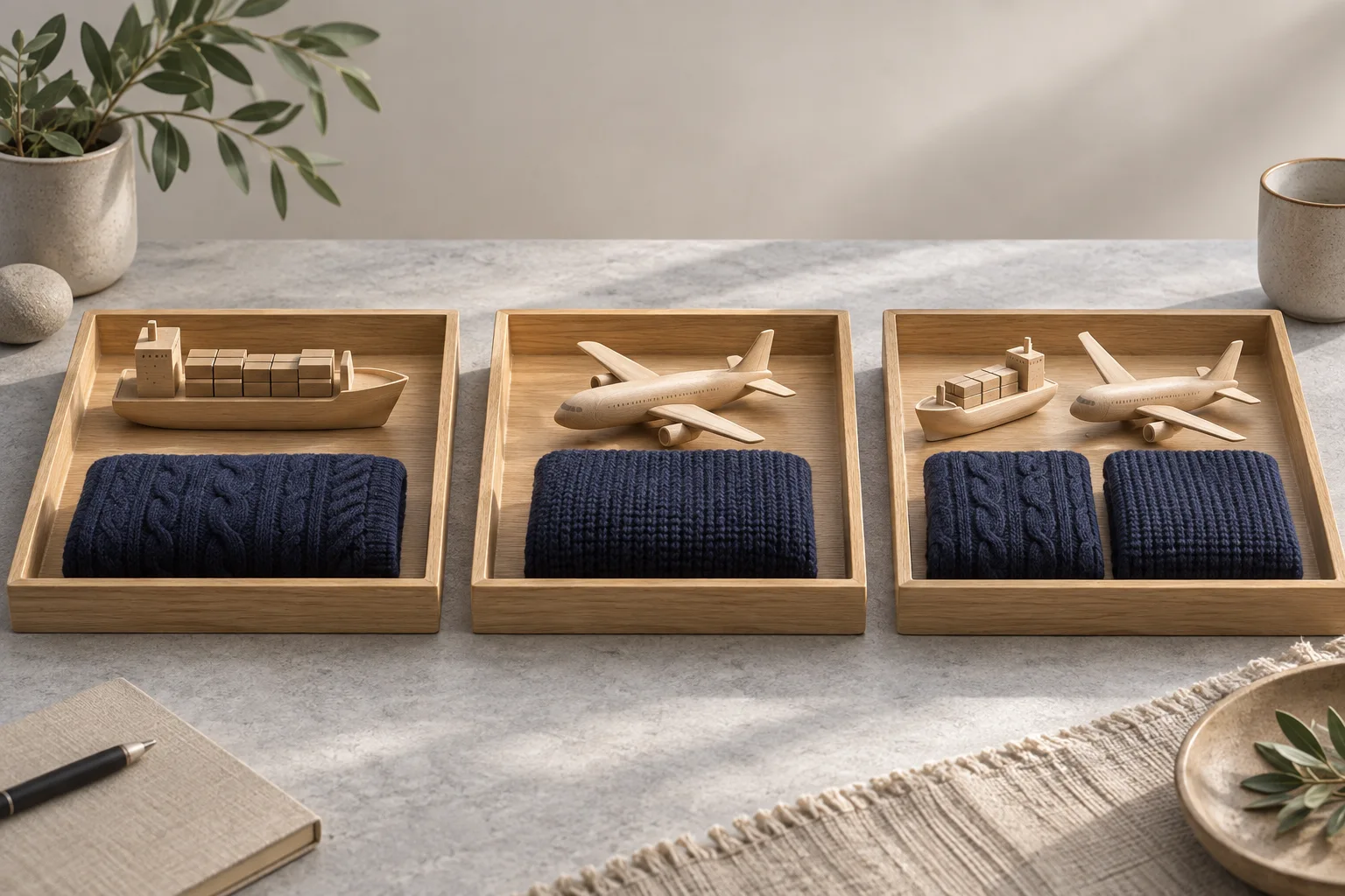 Three wooden trays holding ship and aircraft models with navy knit samples