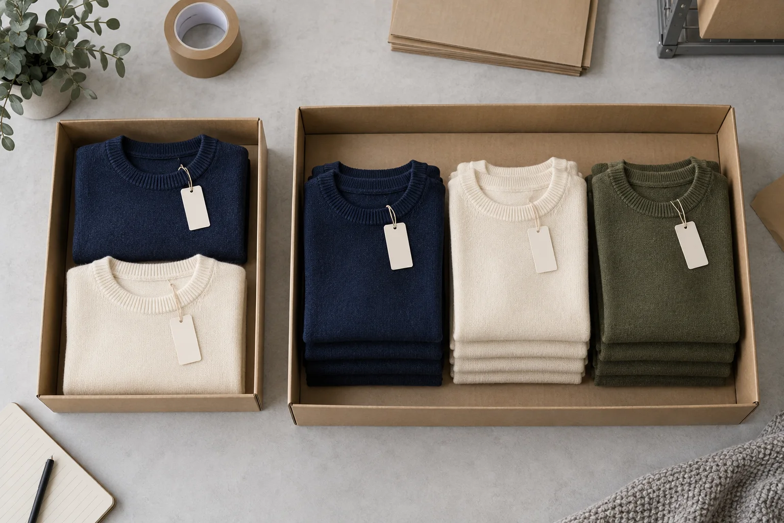 Small tray of navy and cream sweaters beside a larger tray with three colour stacks