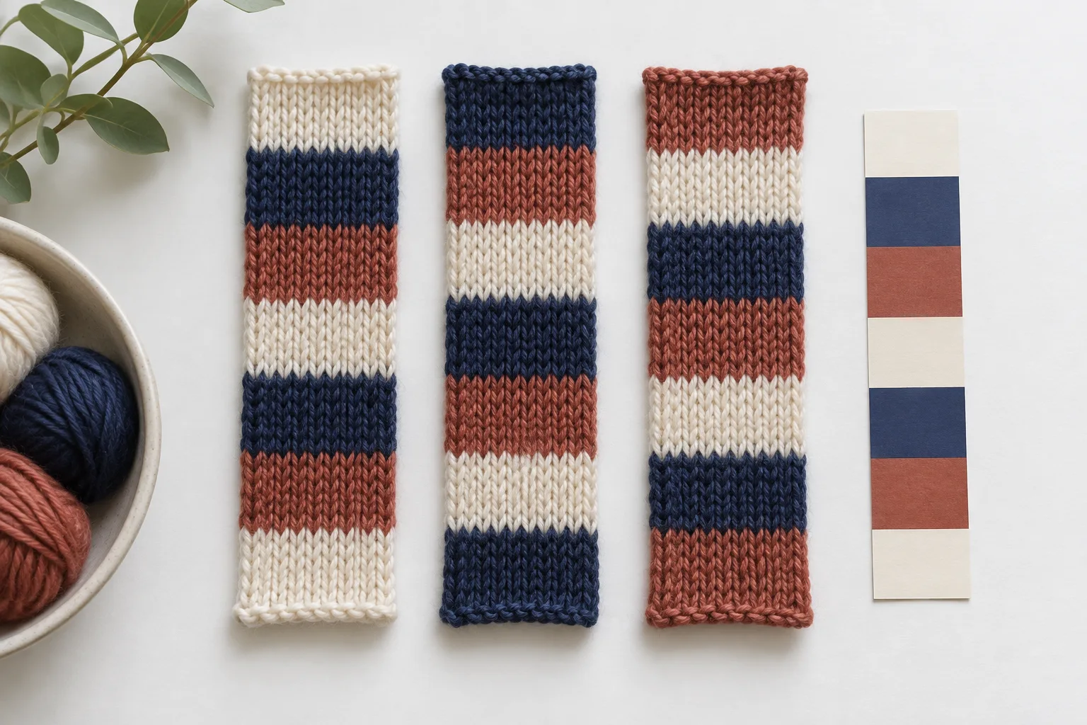 Three narrow knitted strips with cream navy and rust bands beginning in different colours