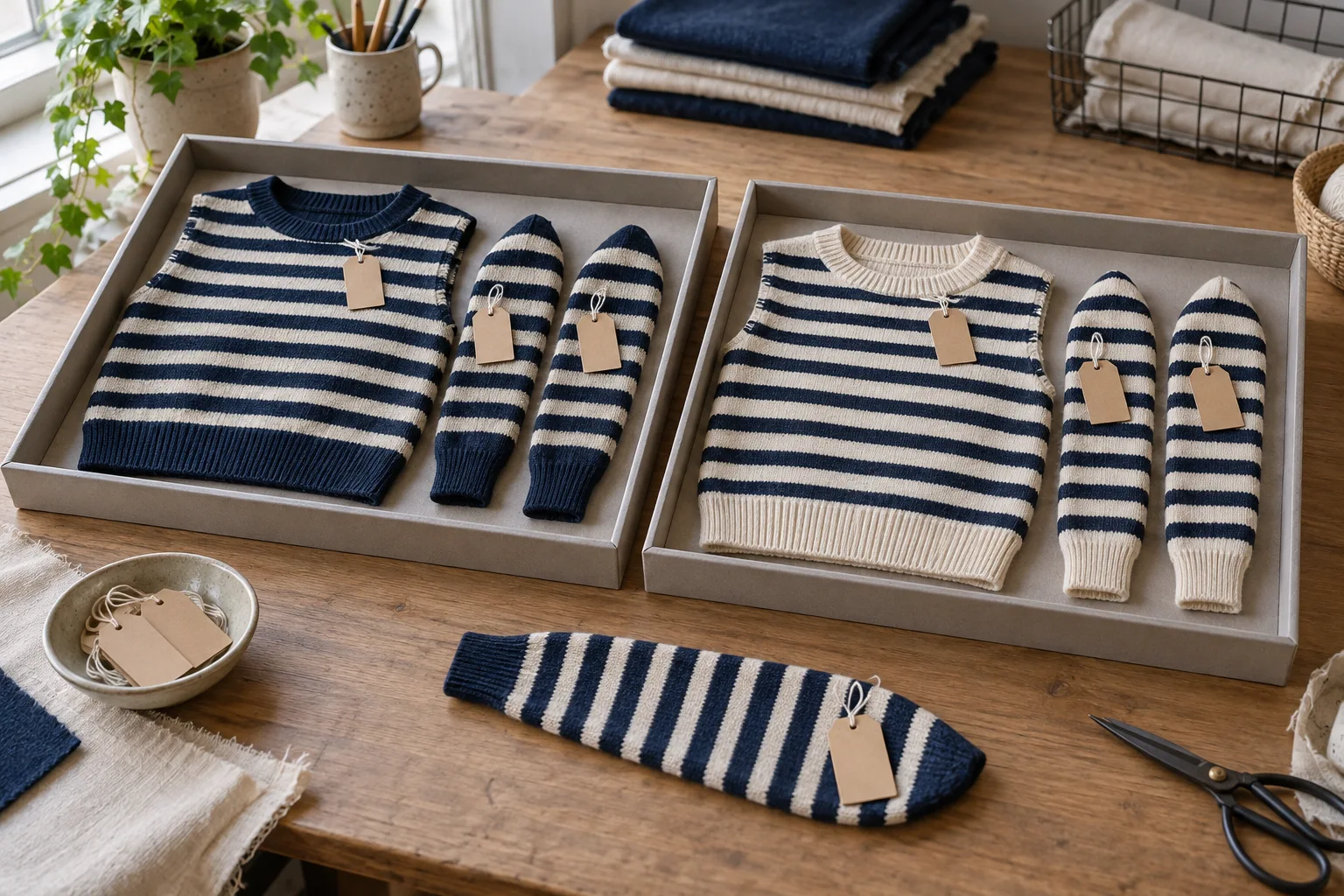 Two trays of folded striped body pieces and sleeve pieces with blank tags beside a separate striped piece
