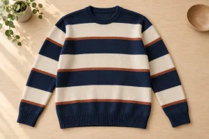 Navy and cream striped crewneck sweater with thin rust bands on a pale wood table