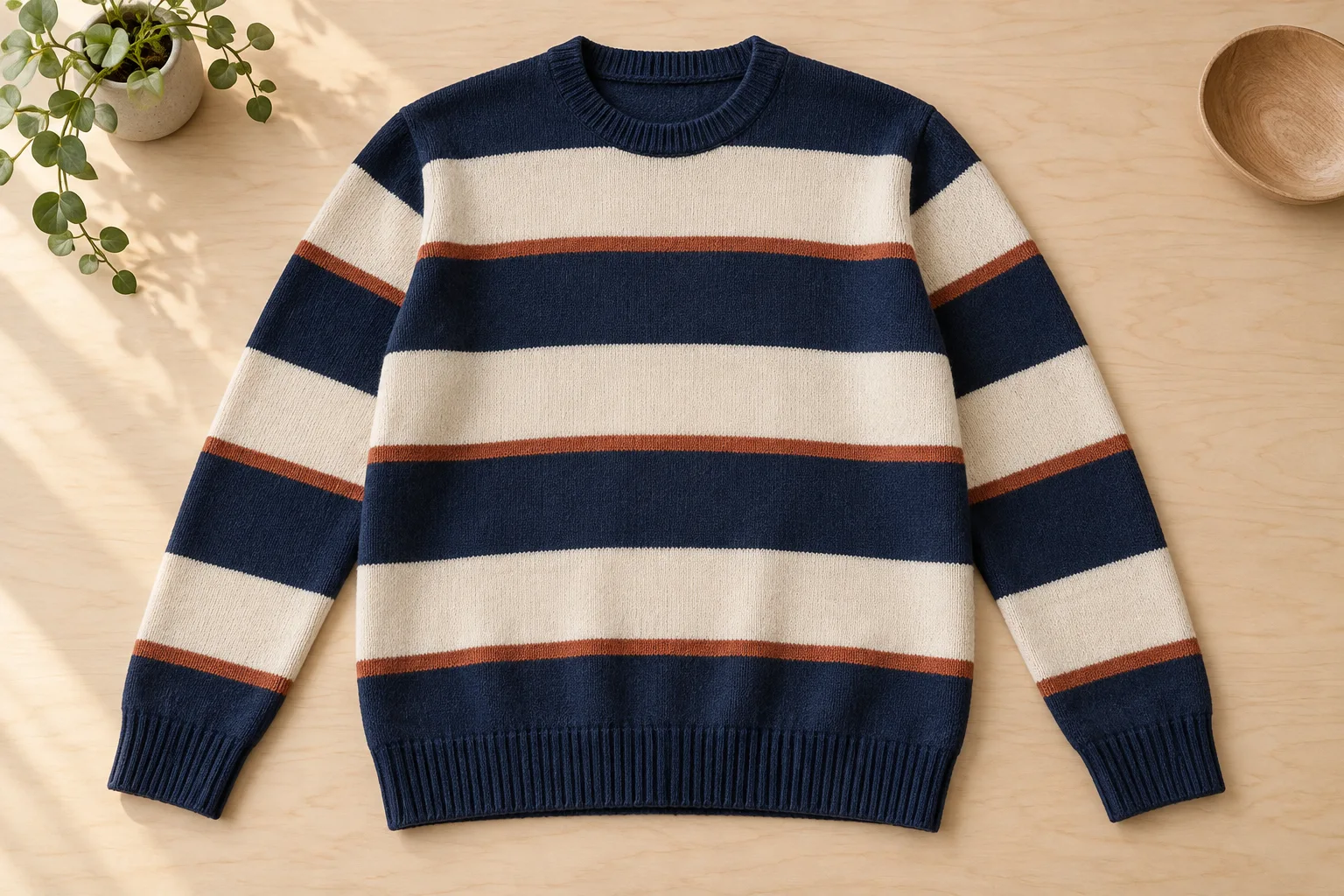 Navy and cream striped crewneck sweater with thin rust bands on a pale wood table