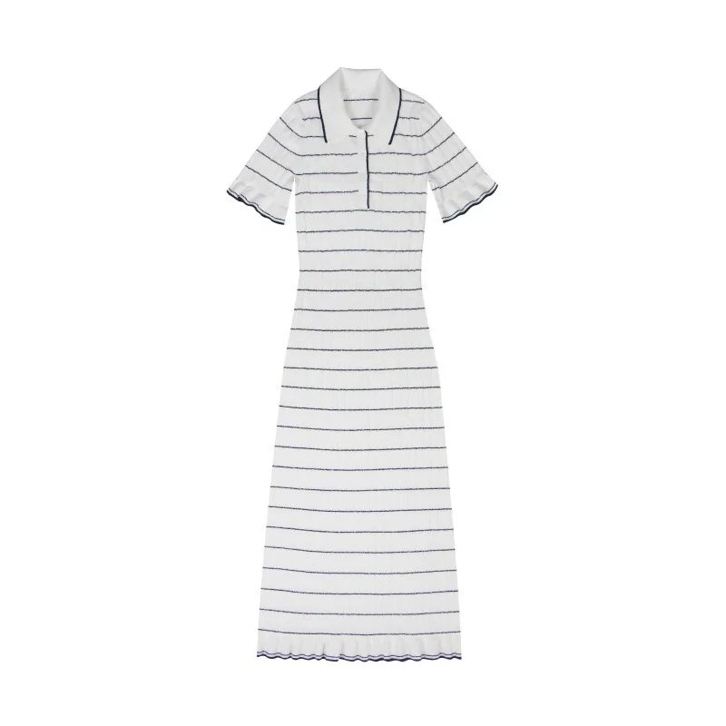 Striped knit polo dress with collar and button placket, a shorter relative of the button-down knit dress