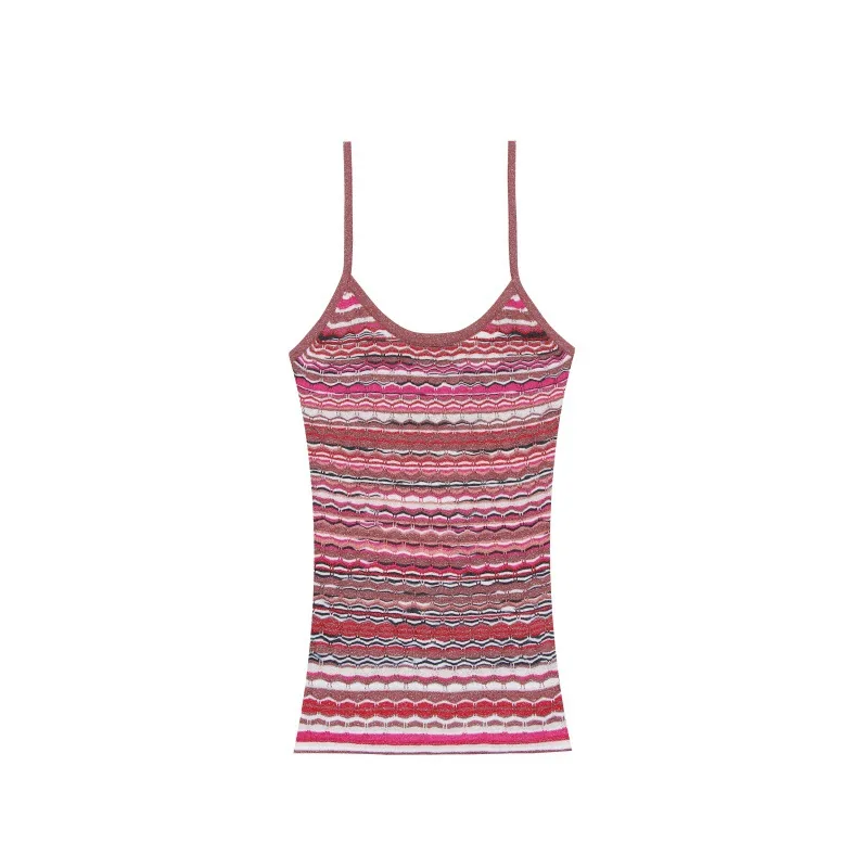 Striped sleeveless knit vest top, flat lay