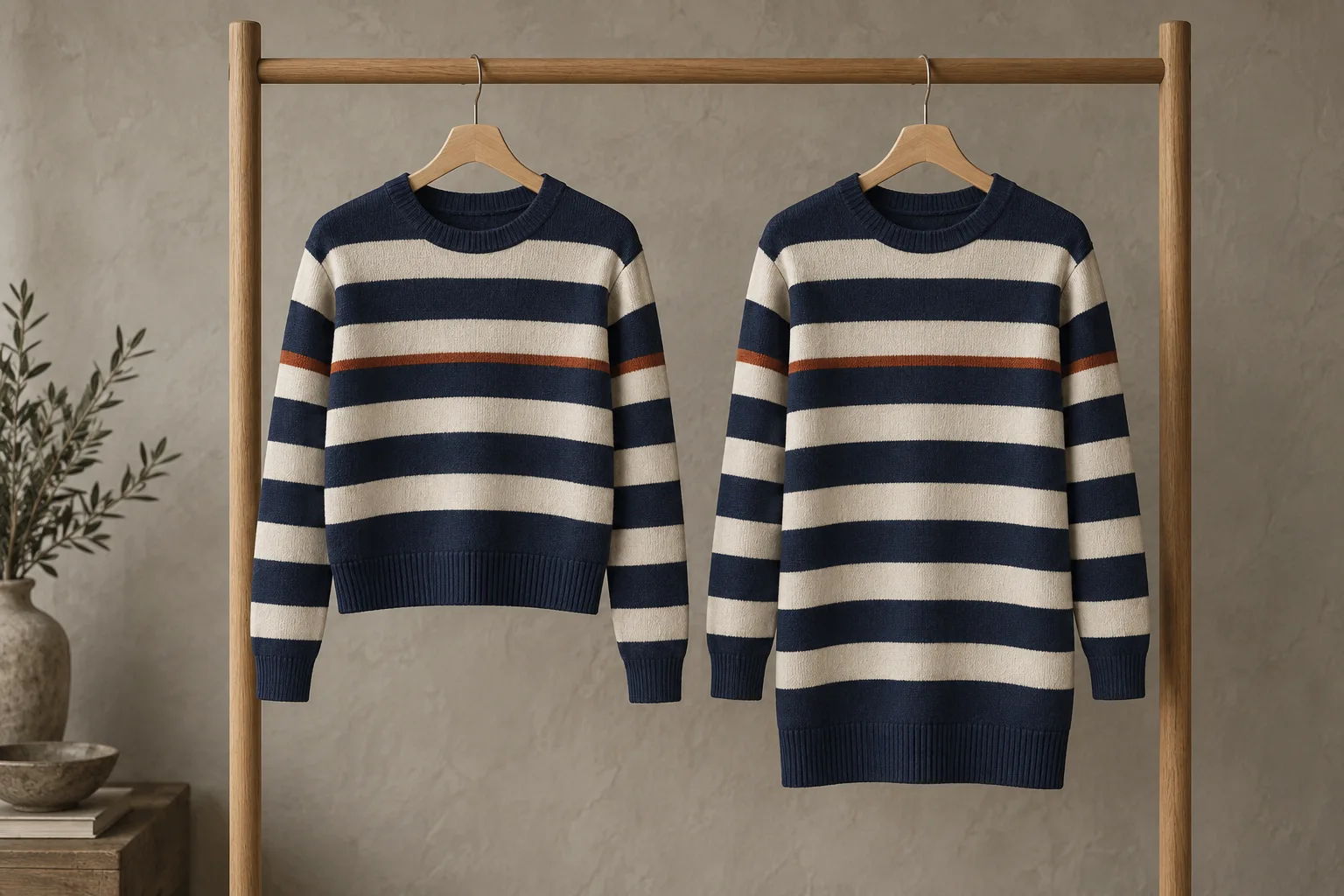 Two navy and cream striped pullovers of different body lengths hanging on a wooden rail