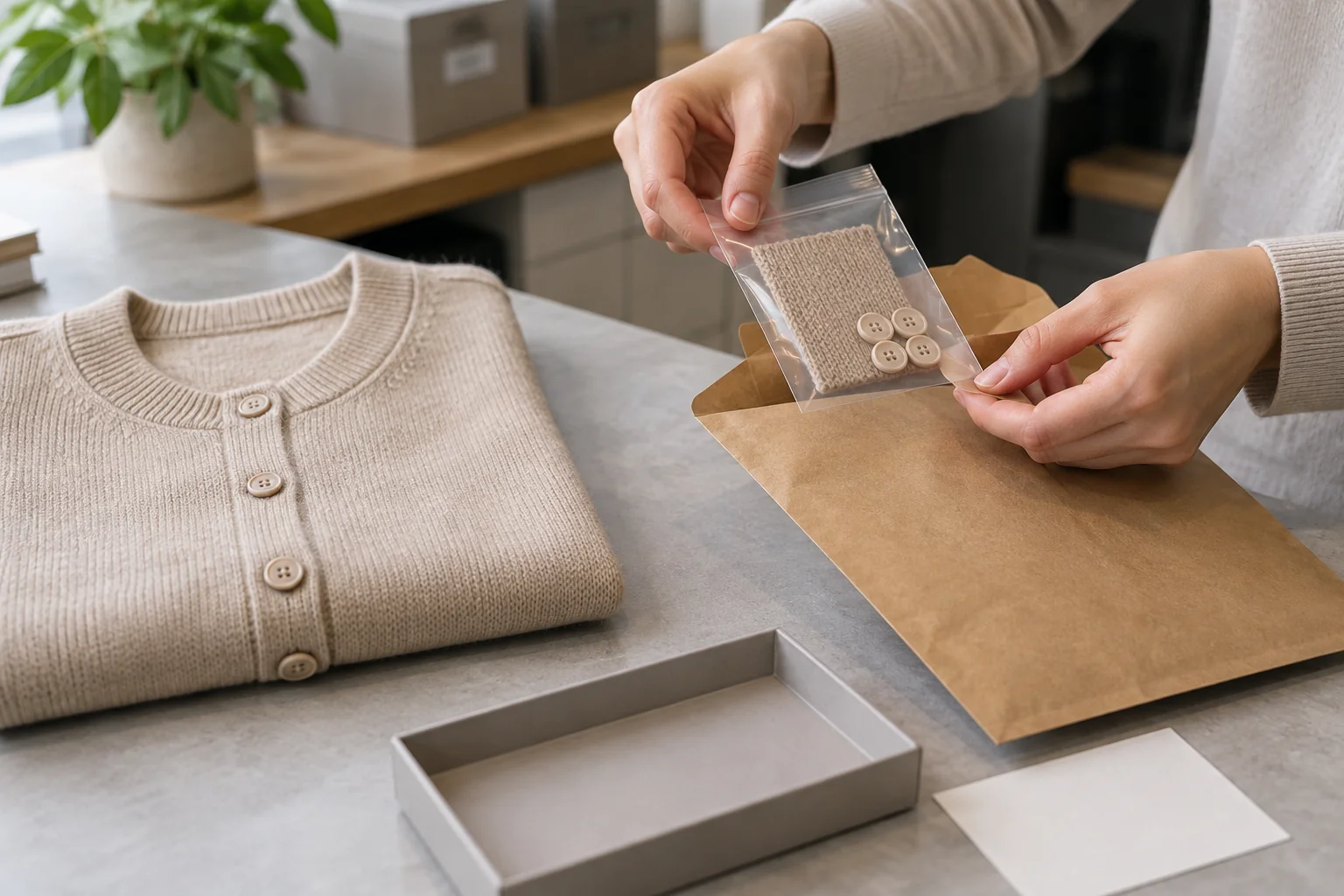 Service staff packing one button pouch beside a generic cardigan and knit swatch