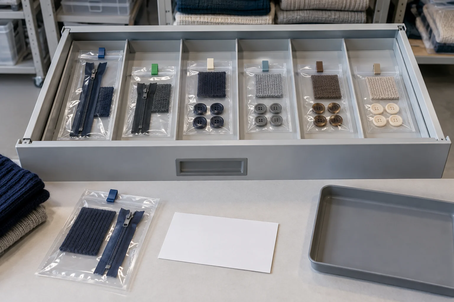 Individually packed zippers and button sets separated in a parts drawer