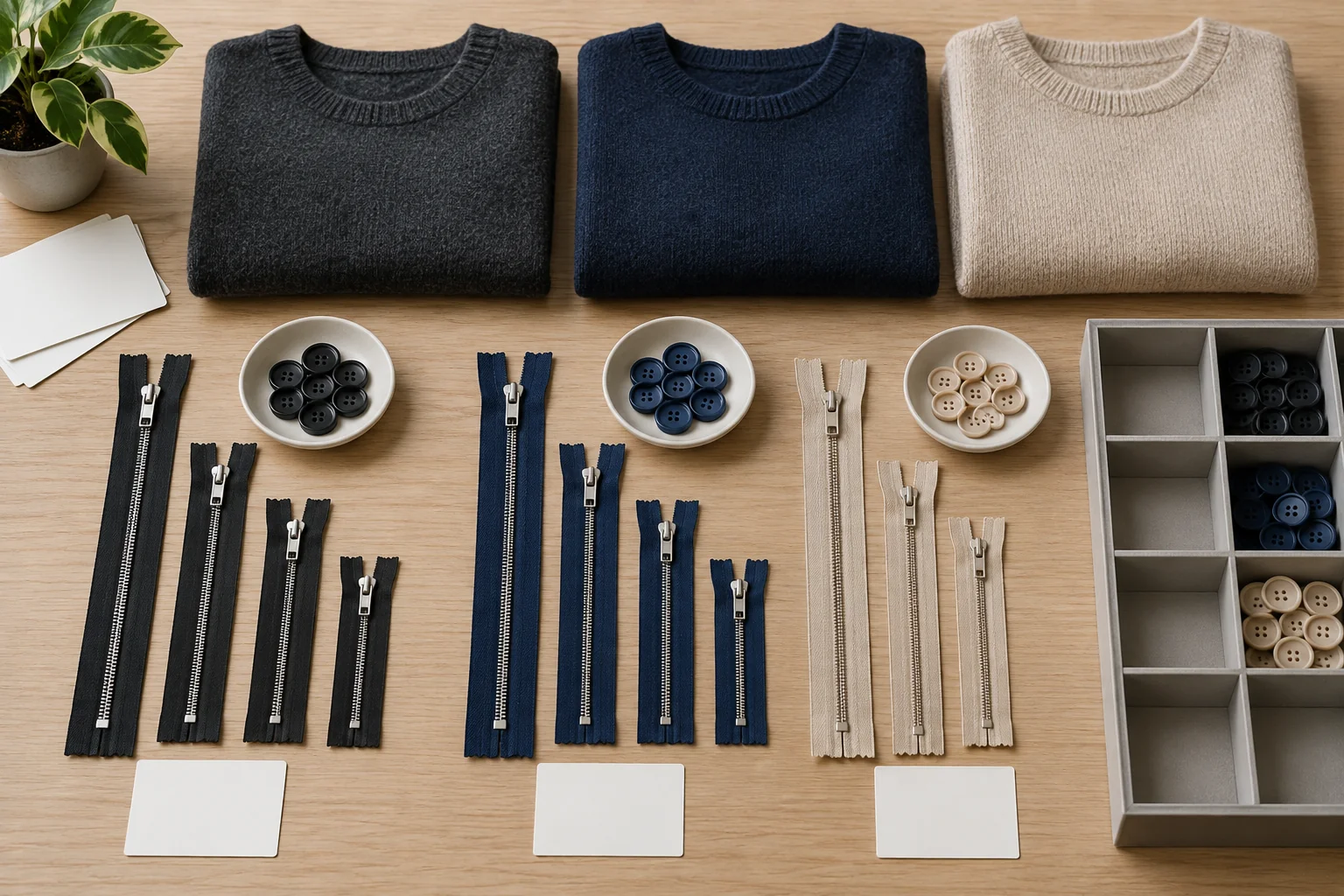 Zippers of different lengths and button groups arranged for separate quantity planning