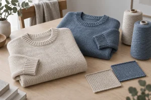 Oatmeal and blue sweaters beside yarn cones and knit swatches in an illustrative material comparison
