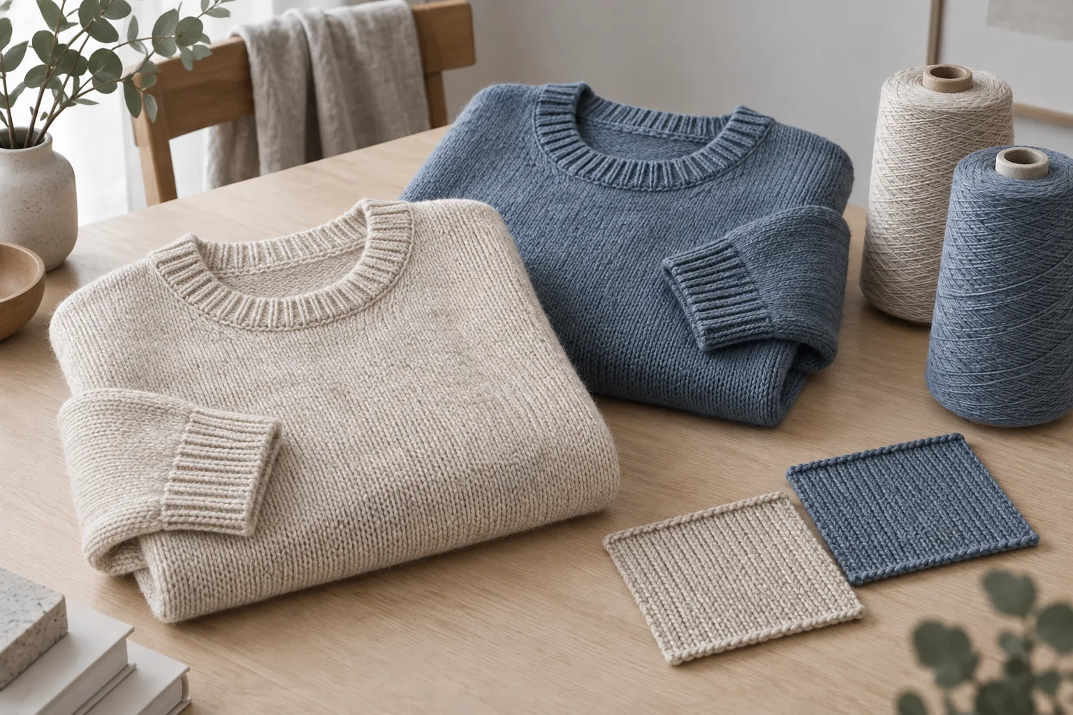 Oatmeal and blue sweaters beside yarn cones and knit swatches in an illustrative material comparison