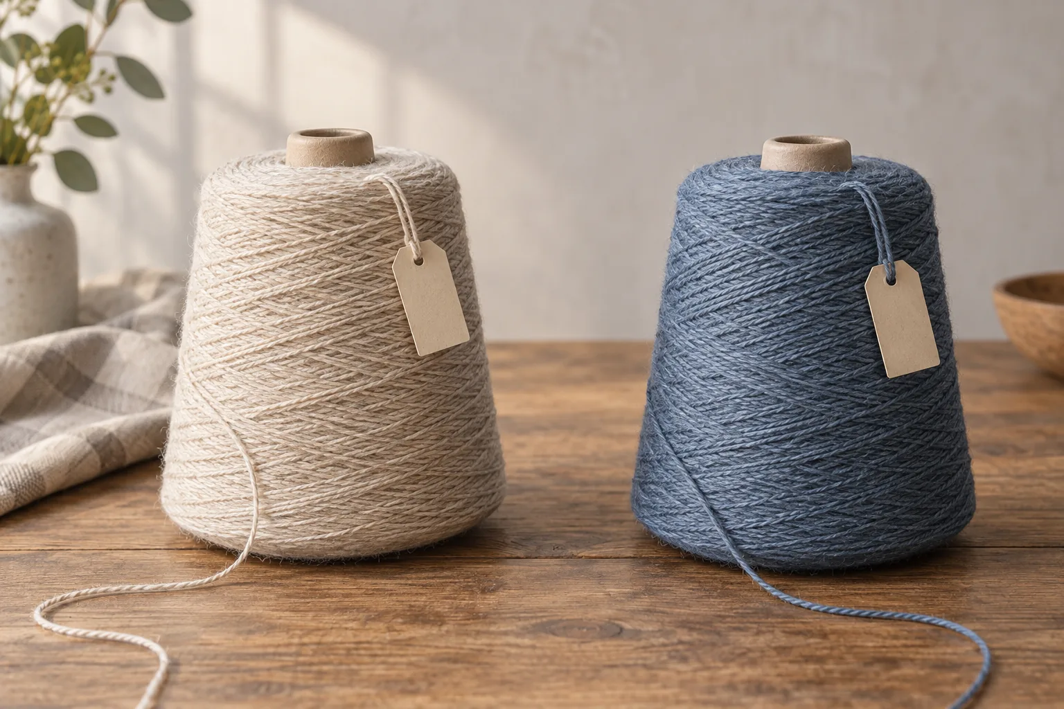 Two yarn cones with separate blank identity tags for comparing original and candidate materials