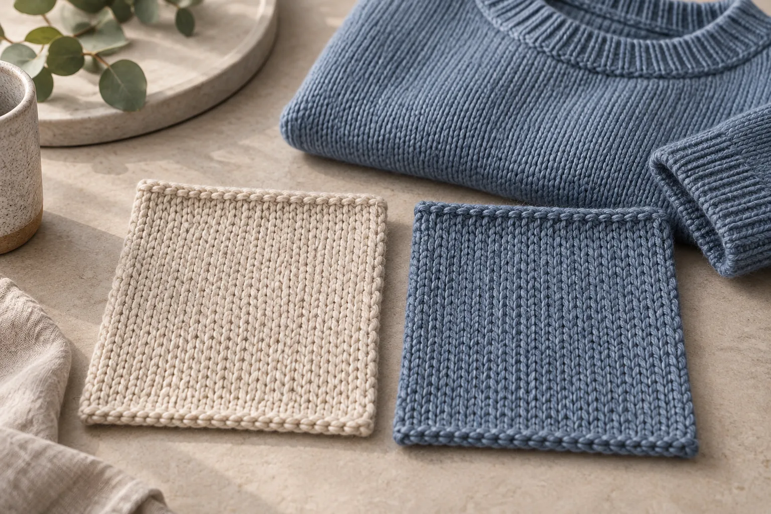 Two knit swatches displayed with a folded sweater for a finished appearance comparison