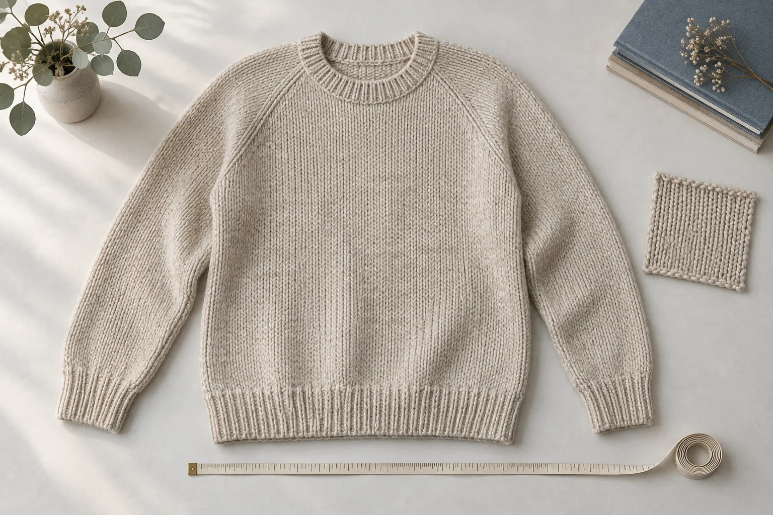 A flat sweater beside an unnumbered measuring tape and a matching knit swatch