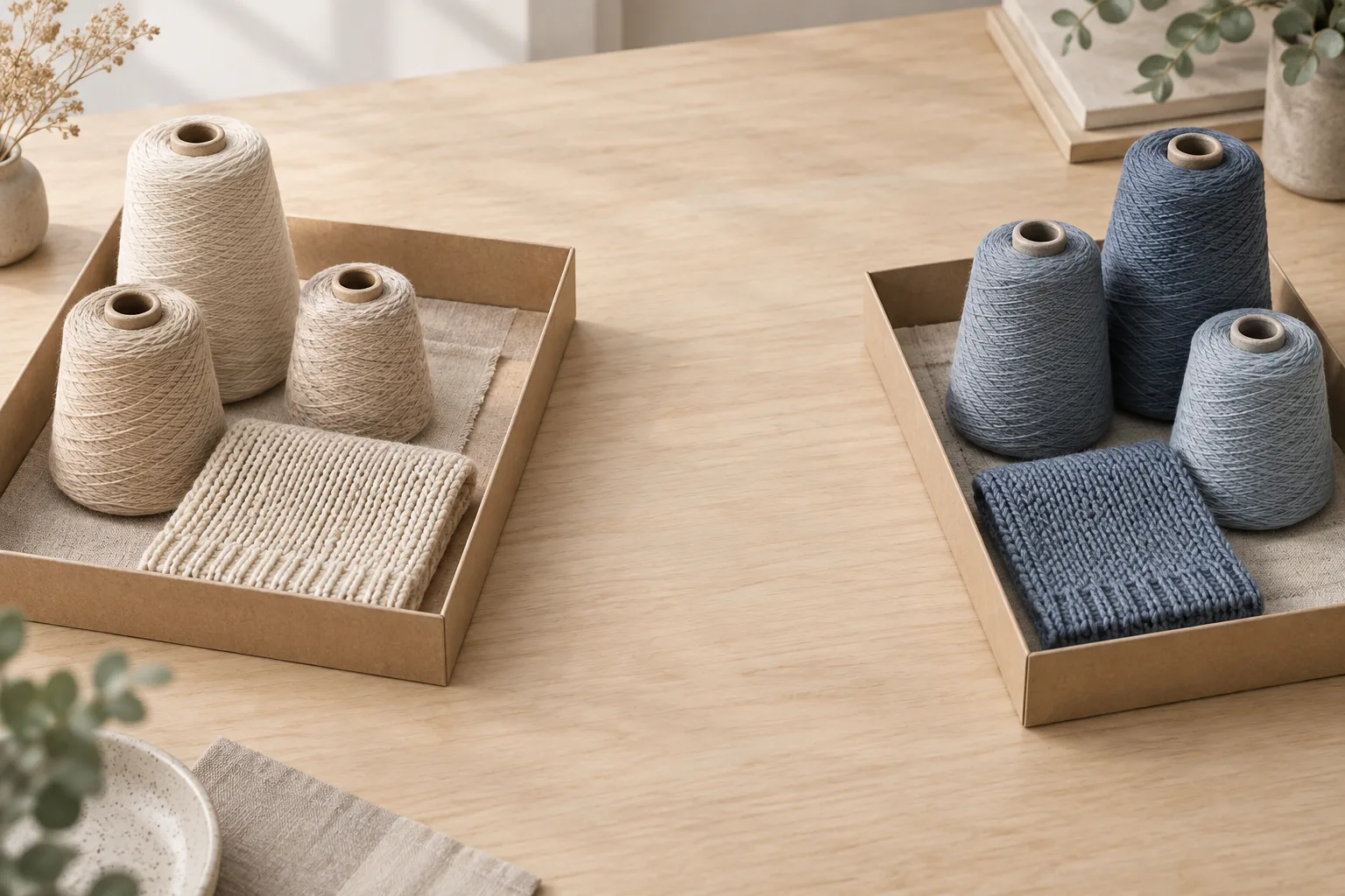 Two separate kraft trays holding distinct yarn cones and knit swatches