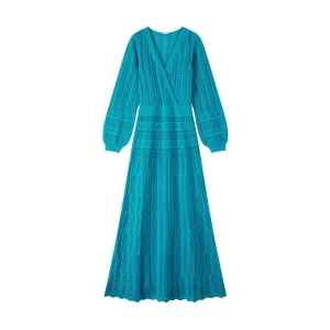 Teal pleated long-sleeve knit dress