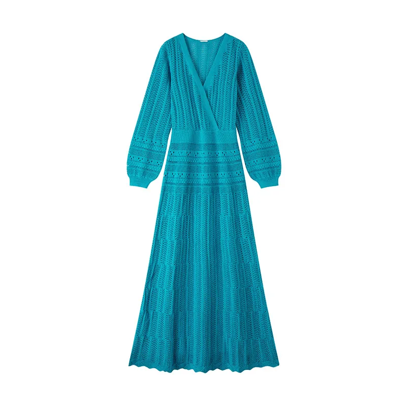 Teal pleated long-sleeve knit dress