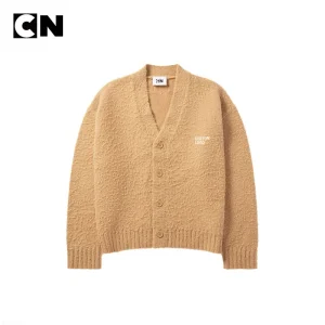 Camel textured chunky knit cardigan, front view